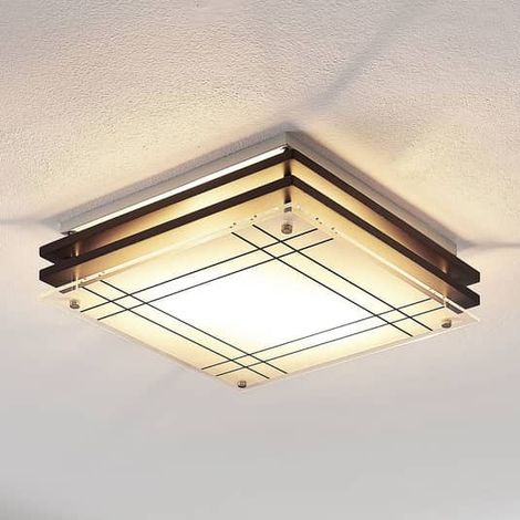 [NEUWERTIG] B-Ware Lindby Holz Deckenlampe Thees Deckenlicht Deckenleuchte Leuchte Kariertes Glas