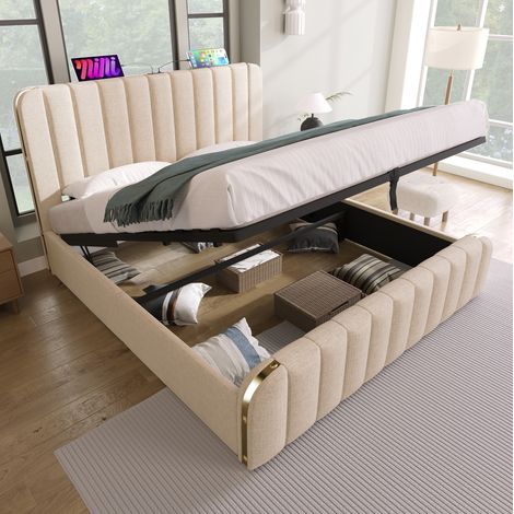 MODFU – Lit coffre 140x190 cm lin beige – Rangement hydraulique – LED et ports USB-C – Charge 181 kg – Beige (1/5)