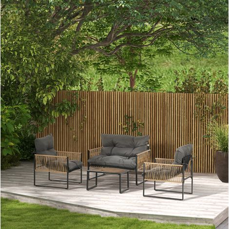 Ensemble de jardin en polyrotin 4 places gris foncé avec coussins, table basse en verre, résistance UV (1/5)