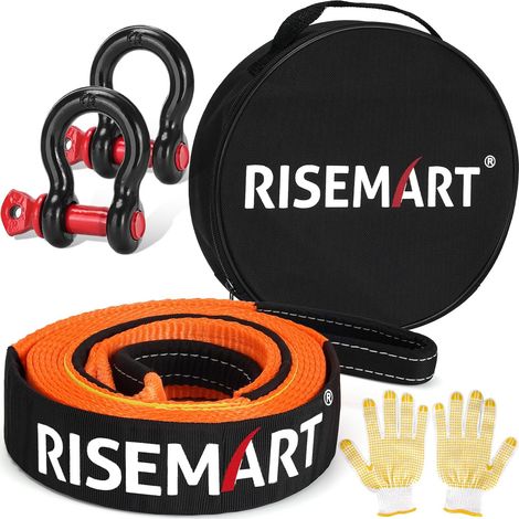 Lot de cordes de remorquage pour voiture - 10 tonnes - 5 m x 5 cm - Avec manille et 2 gants - Pour la récupération hors route (1/5)