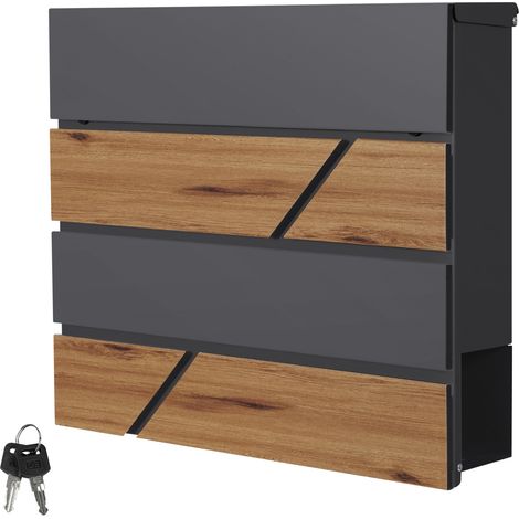 ML-Design Briefkasten Anthrazit/Holzoptik Eiche, Stahl, 37x37x11 cm, Moderner Postkasten mit Zeitungsfach, abschließbar, 2 Schlüssel, Design Wandbriefkasten mit Zeitungsrolle, Mailbox für Wandmontage