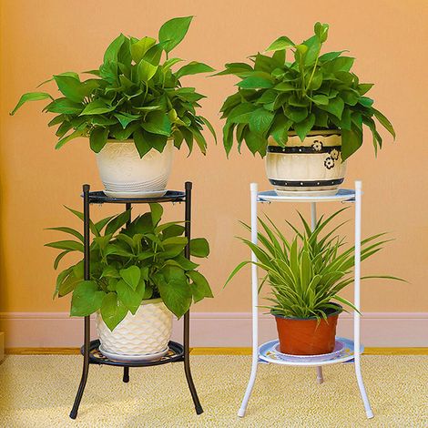 Socle Rangement Déco Métal [2 Pots] - Support à Étages Jardin Terrasse Balcon - Blanc ou Noir (1/5)