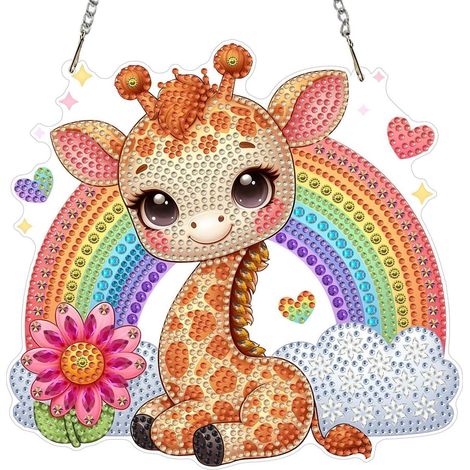 Pendentif peinture diamant girafe arc-en-ciel, double face, à suspendre