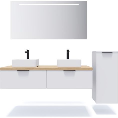 Meuble de salle de bain suspendu 2 vasques à poser 140cm 2 tiroirs Blanc + miroir + colonne ouverture droite - Soho (1/5)