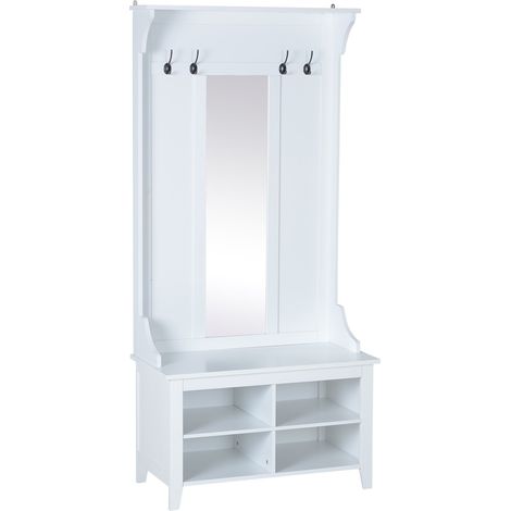 easycomfort appendiabiti attaccapanni da terra con specchio scarpiera 4 ganci legno 80x40x170cm bianco (1/2)