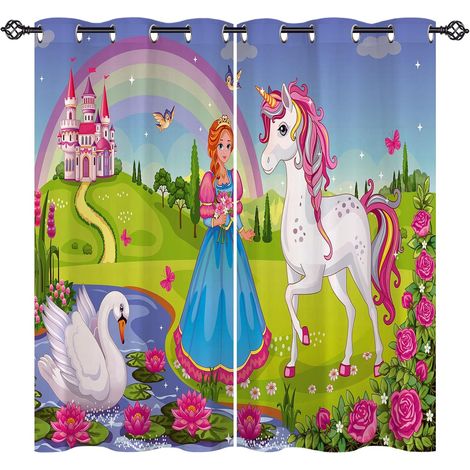 Rideau Occultant Licorne Princesse Château Tenture Opaque à Oeillets Draperies Intérieurs Rideau Thermique Isolant pour Maison Chambre Salon Fenetre 2 Pièces L 107 x H 160 cm - 107L X 160H cm (2 Panne (1/5)