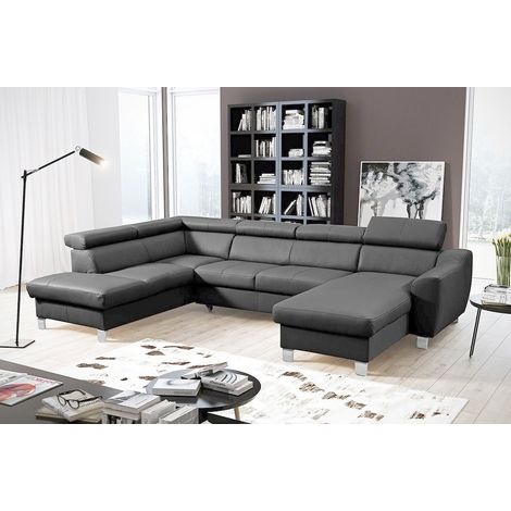 Canapé d'angle en cuir italien de luxe 7/8 places ASTONIA, gris foncé, angle gauche (1/4)