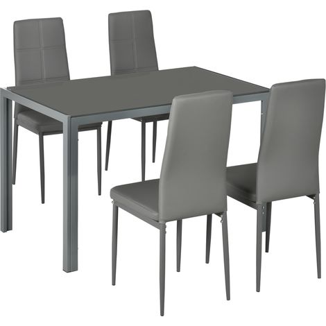 Ensemble Table Volkhard Verre Trempé 8mm Métal Gris 4 Chaises Confort