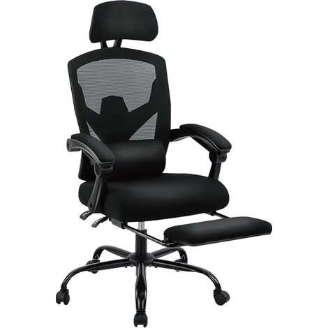 Ergonomique inclinable à dossier haut maille salon chaise de jeu à bascule bureau d'ordinateur pivotant roulant soutien lombaire oreiller-Noir (1/5)