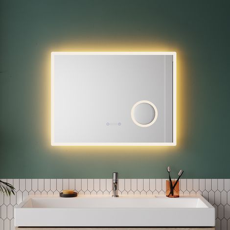 SONNI Specchio da Bagno Antiappannamento con Luce LED a 3 Colori e Ingrandimento 3x Interruttore a Sfioramento con Funzione di Memoria Display Orologio a Specchio IP44 a Risparmio Energetico 80x60cm (1/5)