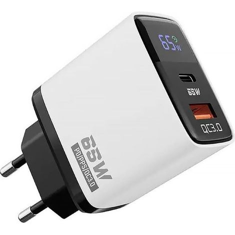 Cargador USB C de 65 W，adaptador de carga rápida GaN de 2 puertos con pantalla LED，cargador rápido PPS y PD，compatible con iPhone 17/16/15