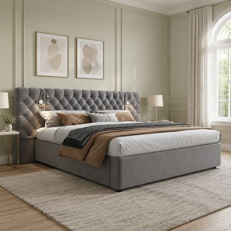 Cama con canapé 180x200 cm de terciopelo gris con LED y almacenaje, sin colchón (1/5)
