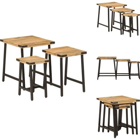 Tables basses gigognes 3 pcs bois massif de manguier et fer - Table Basse Gigogne - Table D'appoint - Ensemble De Tables - Mobilier Petit Espace - Design Scandinave (1/5)