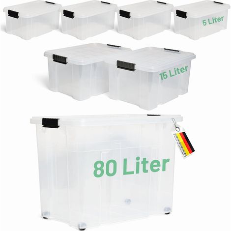 Novaliv Lot de 7 boîtes de rangement avec couvercle, transparentes, 1x80 L + 2x 15 L + 4x 5 L, emboîtables, empilables, fermeture à clip, boîtes à