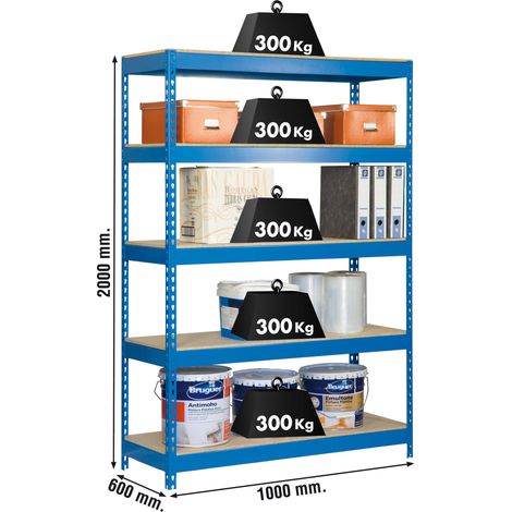 Estantería metálica sin tornillos SIMONRACK de 5 estantes (200x100x60cm) AZUL Y MADERA (1/5)