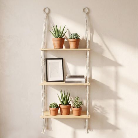 3 Tier Wooden Wall Shelf - 95cm - Bohemian Design with Cotton Rope and Tassels - for Plants, Books, Fragrances, Spices - Space Saving Small Area - Home Decor (1/5)