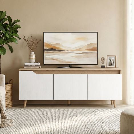 Meuble TV 120 cm, meuble télé pour téléviseur jusqu'à 55 pouces avec 3 portes, étagère réglable, chêne et blanc (1/5)