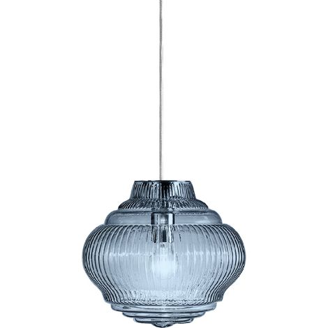 Bonnie Lampada a sospensione in vetro soffiato artigianale con lavorazione rigadin colore Bluino, diametro 27.5 cm, struttura metallo grigio, E27