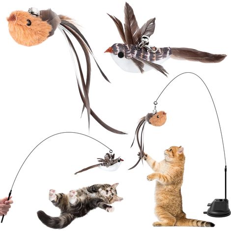 4 Pièces Jouet Chat Interactif, Interieur Jouets pour Chats avec Ventouse, 1 Canne à Pêche pour Chaton avec 2 Oiseaux à Clochettes, Jouets Intelligence Chat Baguette (1/5)