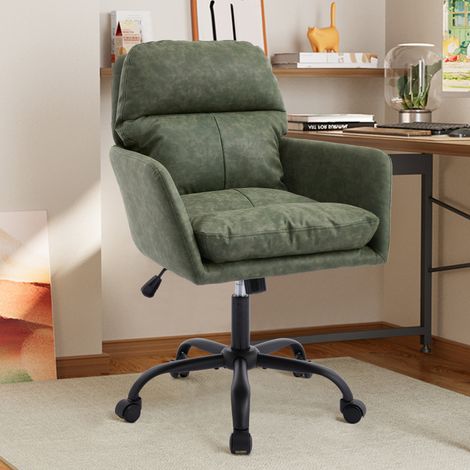 Chaise de bureau verte, en similicuir PU, avec piètement noir et hauteur réglable. Convient aux bureaux, chambres, coiffeuses et autres espaces. (1/5)