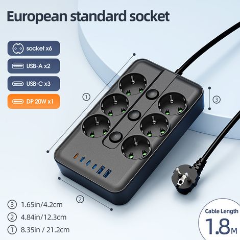 JSSEVN-Power-Base Multiple Basic con 6 tomas de corriente, cable de 1,8 m, tamaño mediano, color negro. (1/2)