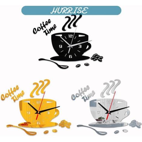 Sonew Horloge murale en forme de tasse en acrylique Bricolage acrylique horloge murale moderne muet café horloge deco pack Doré (1/5)