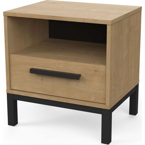 Mesita de noche Craft en color roble hamilton y negro mate estilo industrial 48x36x45 cm