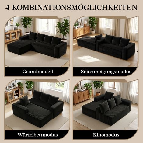 Canapé d'angle Cloud en L avec méridienne droite, convertible et moderne, assise spacieuse, rembourré moelleux, tissu velours côtelé noir, pour salon ou chambre, livré monté, sans assemblage requis. (1/5)