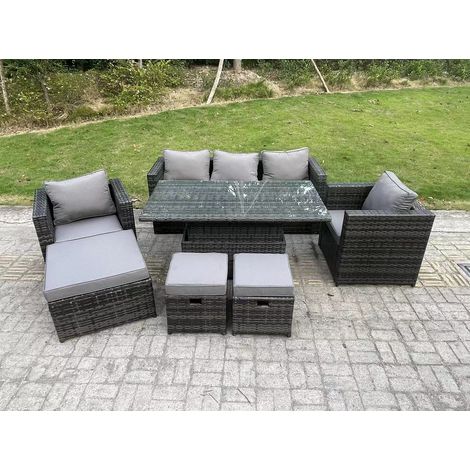 Fimous 8-Sitzer Rattan Gartenmöbel Sofa Set Patio Einstellbarer aufsteigender Esstisch Set mit Sesseln 3 Fußhocker Dunkelgrau gemischt (1/4)