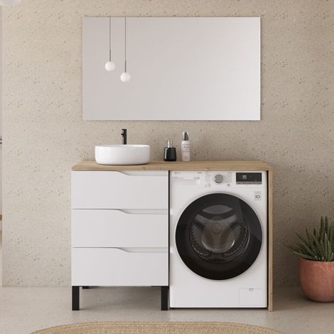 Meuble lave linge 124cm avec plateau miel et vasque ronde - 3 tiroirs - blanc/madera miel (chêne clair) - SANTA (1/5)
