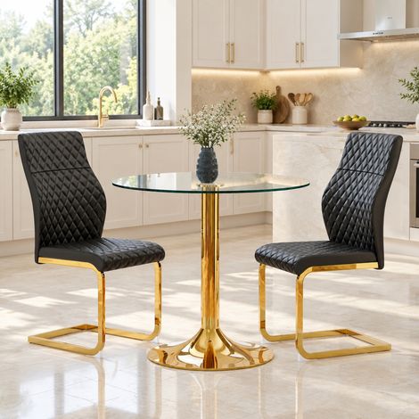 Essgruppe mit rundem Glastisch 85 cm und 2 Esszimmerstühlen, Schwarz-Gold, transparent, HAVRYA (1/5)