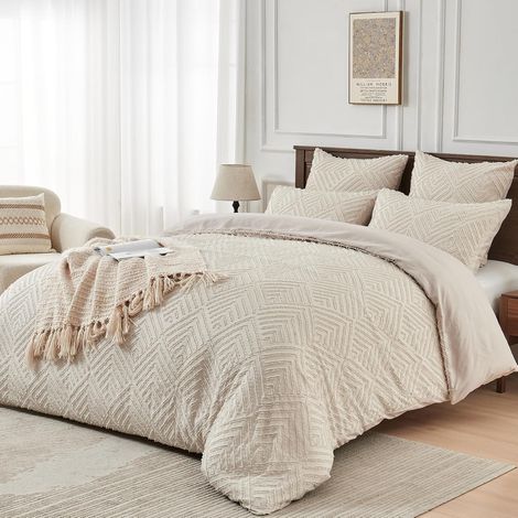 Housse de Couette 240x260 Bohème Beige Géométrique Tuftée Parure de Lit Style Moderne Doux Linge de Lit 2 Personne Adulte avec Fermeture Éclair avec Taies d'oreiller 65x65 cm (1/5)