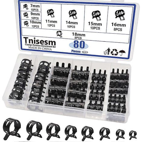 Kit de 80 colliers de serrage à ressort en silicone pour tuyaux d'aspiration, diamètres : 7 mm, 9 mm, 10 mm, 11 mm, 14 mm, 15 mm, 16 mm et 18 mm. (1/5)