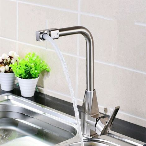 Rotatable hot and cold water faucet for kitchen, household stainless steel sink, vegetable basin, balcony splash-proof faucet -- brushed octagonal design (pipe not included)