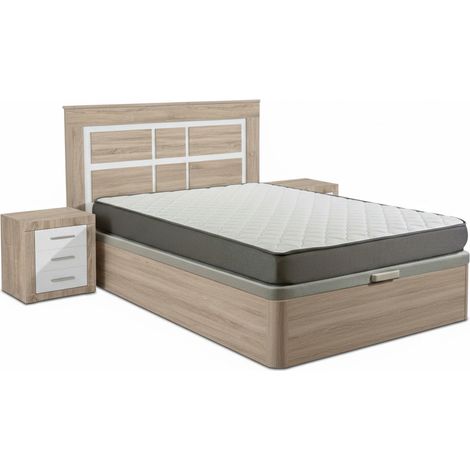 Pack Cama Canape, Cambria, 135cm + Colchón + Cabecero y 2 Mesitas de Noche, Cambria y Blanco