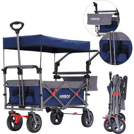 Bollerwagen Premium faltbar mit Dach Handwagen mit 3-Punkt Gurtsystem Faltwagen Transportwagen klappbar bis 100 kg Tragkraft Vorder- und Hinter-Bremse Inkl.Tragetasche Blau
