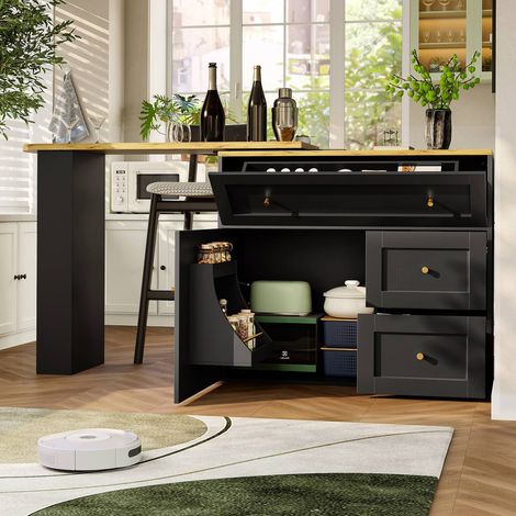 Table bar extensible 138‑204×39×105 cm noire avec rangement & étagère snack – meuble bar multifonction (1/5)