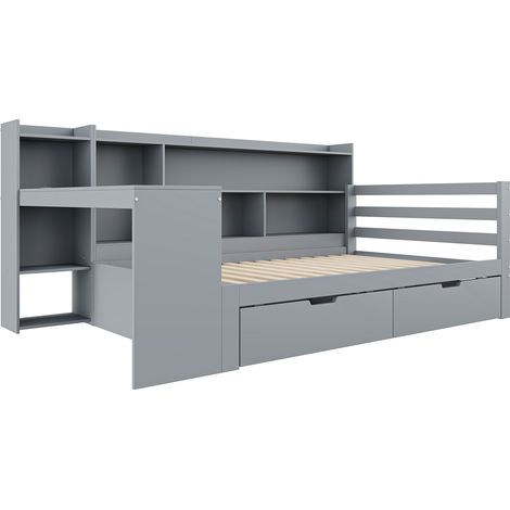 Cama multifuncional de madera gris 90 x 200 cm con escritorio, estantes y enchufes (1/5)
