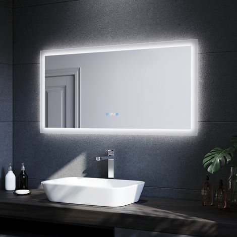 SONNI Badezimmerspiegel mit Beleuchtung Badspiegel LED 120x60cm 2 Touch-Schalter Uhr Temperaturanzeige Beschlagfrei +Gedächtnisfunktion IP44 (1/5)