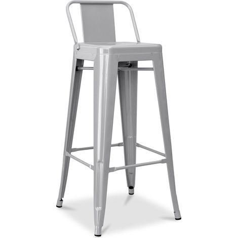 Privatefloor – Tabouret de bar avec dossier – Acier poli – Hauteur 76cm – Design industriel – Confort vintage pour bars et bistrots