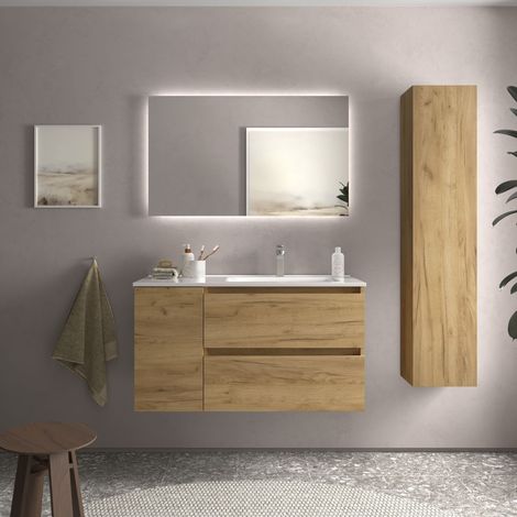 Cygnus Bath – Meuble de salle de bain 90cm chêne – Vasque en porcelaine blanche – Tiroirs à fermeture amortie – Finition résistante à l'humidité (1/5)