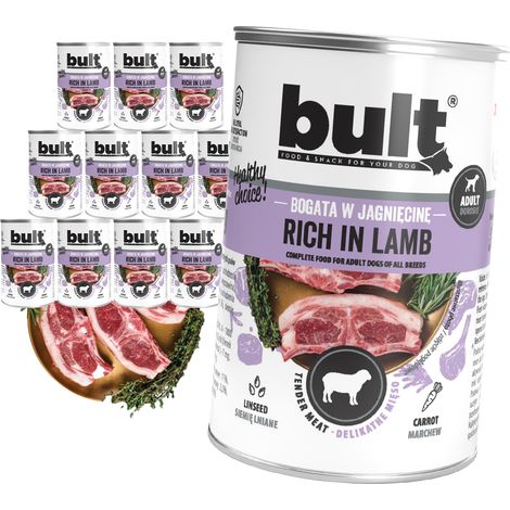 Comida húmeda para perros enlatada rica en cordero, paquete de 12 x 400 g. (1/2)