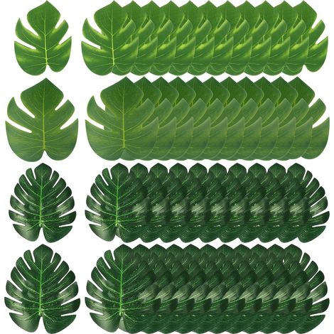 Lot de 48 feuilles de palmier artificielles Monstera - Feuilles tropicales - Décoration de fête - Vert - Décoration de plage, jungle - Anniversaire (deux tailles) (1/5)
