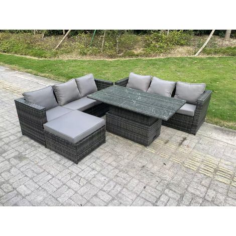 Fimous 7-Sitzer Wicker Polyrattan Gartenmöbel Sofa Set im Freien Einstellbare aufsteigende Esstisch Set mit großem Fußhocker Dunkelgrau gemischt