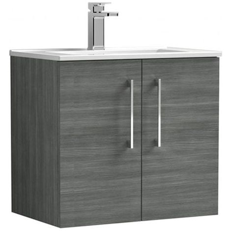 Nuie Arno Wall Hung 2-Door Vanity Unit with Basin-2 600mm Wide - Anthracite Woodgrain