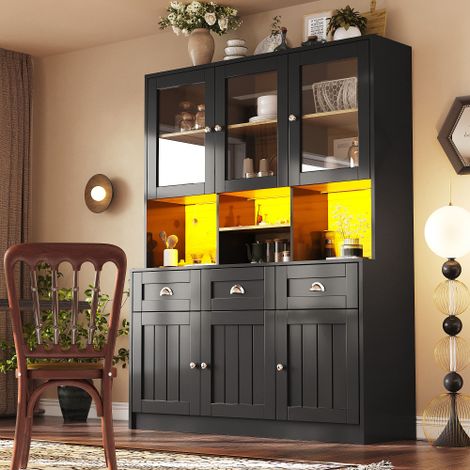 Buffet haut cuisine noir style fermier LED pilotable par app 3 tiroirs tablettes réglables anti-basculement charge 60kg vitrine porte acrylique sideboard multifonction salon entrée bureau 140x40x175cm (1/5)