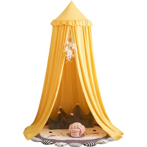 Cabane dans les arbres pour enfants à dôme à pompons, installation sans perçage, rideau de lit, ombrage, manteau de lit, moustiquaire artisanale en coton lavable à l'eau, 1 pièce. (1/5)