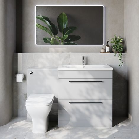 Napoli 460 Gloss Grey Pearl 1300mm 2 Drawer Vanity Unit Toilet Suite with Glide Basin - 1300mm - Chrome 480mm HandleWith Kingston Toilet Pan and Seat