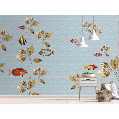 Papier peint panoramique bleu motif poisson Tapisserie panoramique nature originale Papier peint panoramique idéal pour salon (1/3)