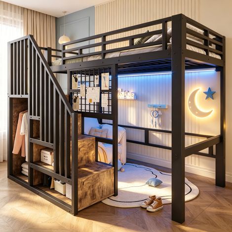 Lit mezzanine enfant 90x200cm avec éclairage LED et escalier rangemens,barre de penderie,métal lit superposé avec barrière,cadre de lit simple,Noir